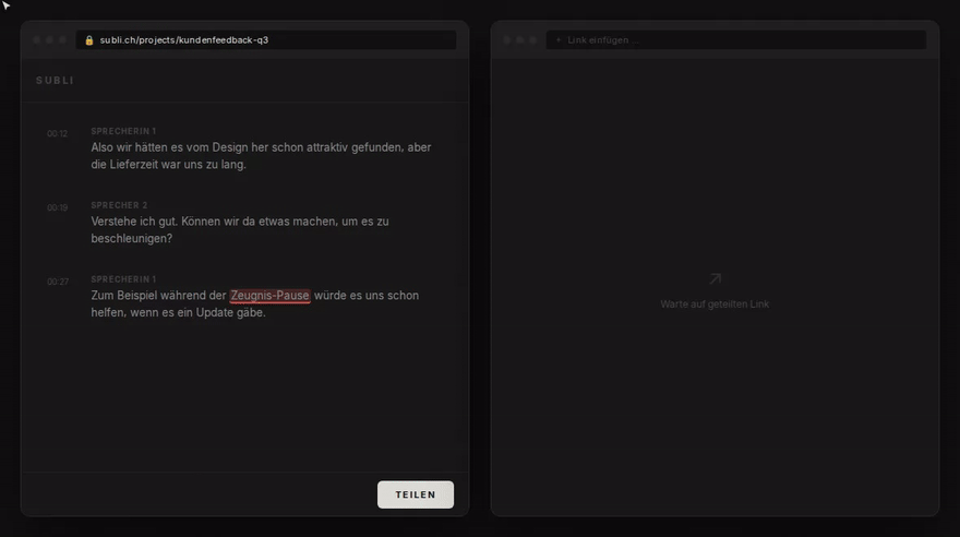 Sharing-Link Demo: Teilen-Button, Link kopieren, Gast landet ohne Login im Editor und korrigiert eine Zeile